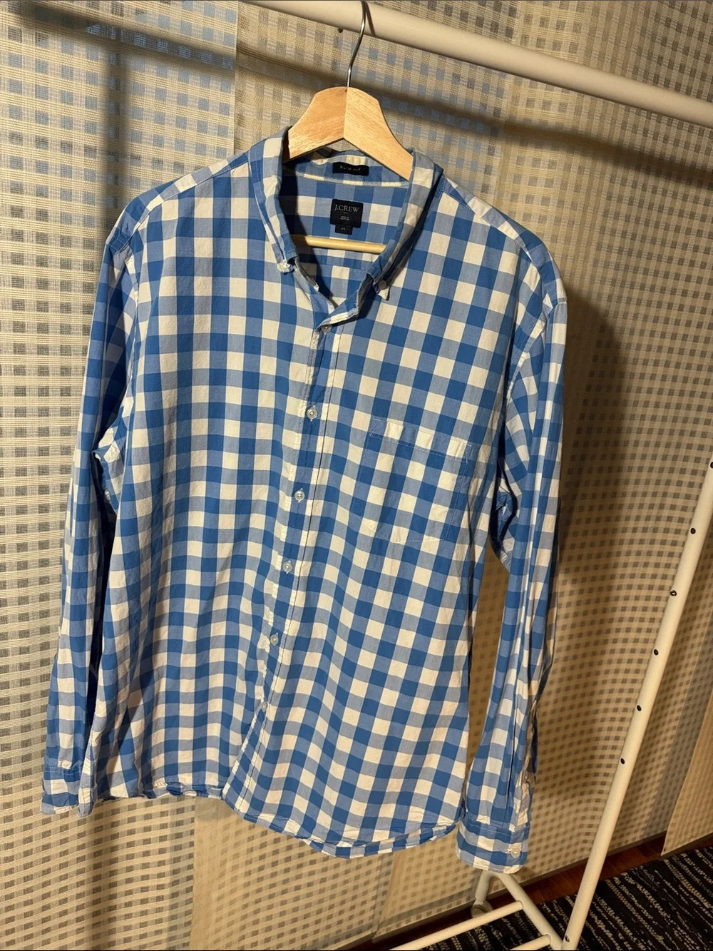 J. Crew Men's Blue and White Gingham Button-Down Shirt